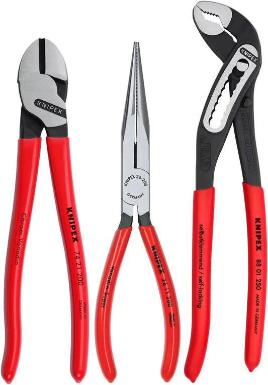 KNIPEX Tools 00 20 08 US1 Long Nose, Diagonal Cutter, and Alligator Pliers 3-Piece Tool Set, Red