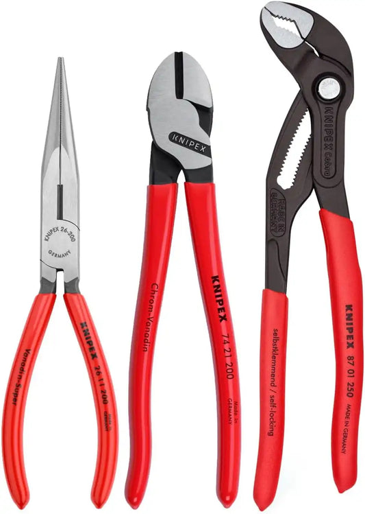 Knipex Tools 00 20 08 US2 Long Nose, Diagonal Cutter, and Cobra Pliers 3-Piece Tool Set